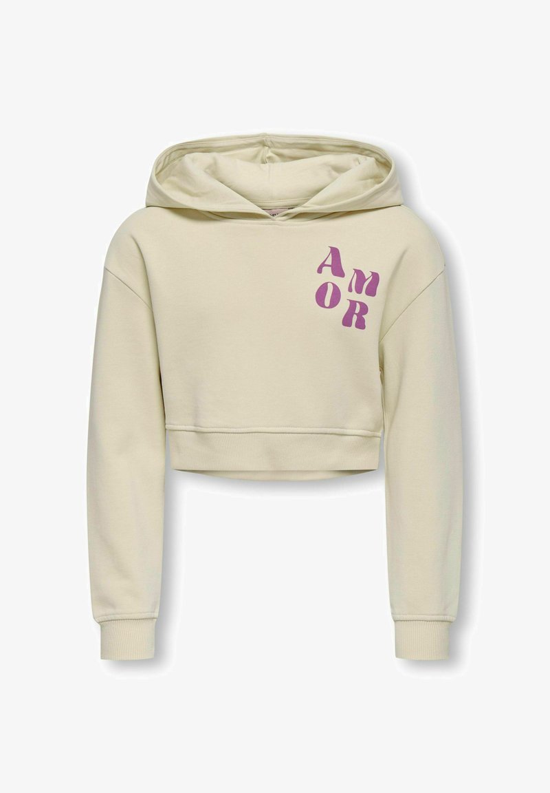 Cremfarbener, kurzer Hoodie aus weichem Stoff. Verfügt über eine Kapuze, lange Ärmel, gerippte Bündchen und "AMOR" in lila Schrift auf der Vorderseite.
