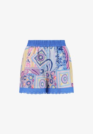 Kleurrijke paisley print shorts met een blauwe elastische tailleband, een gegolfde zoom en een mix van roze, geel en blauwe patronen.
