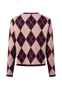 Pull en tricot avec un motif argyle dans des tons de bordeaux foncé et de rose clair. Il a un col rond et des manches longues, en tissu texturé.