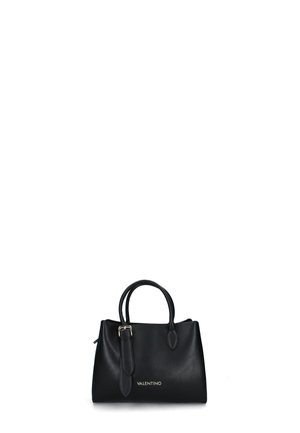 Borsa a tracolla nera in pelle con due manici superiori, forma strutturata e logo dorato sul fronte. Texture liscia, design minimalista.