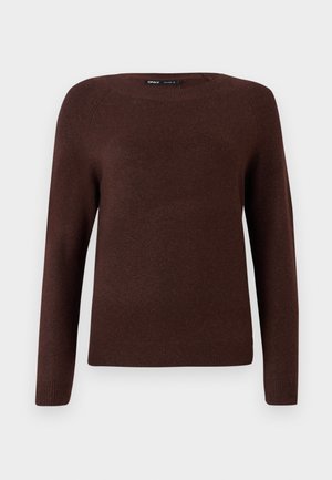 Braun gestrickter Pullover mit Rundhalsausschnitt, langen Ärmeln und gerippten Details an den Bündchen und dem Saum. Glatte Textur mit minimalen Verzierungen.