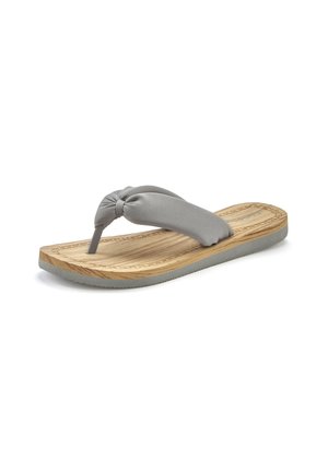 Gray fabric thong sandal with a knotted detail, wooden sole, and light gray rubber outsole. Features subtle patterns along the edge.