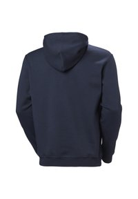 Marineblauwe hoodie met een trekkoord in de capuchon, ribgebreide manchetten en zoom. Gemaakt van zachte stof, met een gladde textuur en een minimalistisch ontwerp.