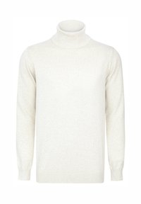Suéter de cuello alto color crema hecho de una tela suave, con cuello acanalado y puños ajustados. Diseño clásico con mangas largas.