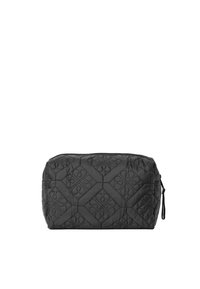 Schwarze, gesteppte Kosmetiktasche mit einem geometrisch geprägten Muster, Reißverschluss und einem seitlichen Zugband für ein einfaches Öffnen.