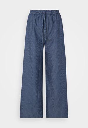Lette blå og hvite stripete vidbenede bukser med snøring i livet og elastisk bånd, som har et mykt stoff og en avslappet passform.