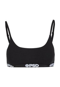 Fekete bralette puha anyagból, vékony pántokkal és széles, fehér elasztikus szalaggal, amelyen a márka logója található. Simább, varrás nélküli dizájn.