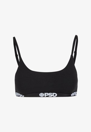 Czarny biustonosz typu bralette wykonany z miękkiego materiału, z cienkimi ramiączkami oraz szerokim, białym elastycznym paskiem z logo marki. Gładki, bezszwowy design.