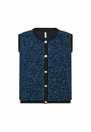 Varrukateta sinine tekstuuriga vest musta äärise ja viie kuldse nupuga eest, kujutatud tasasel valgel taustal.