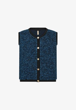 Varrukateta sinine tekstuuriga vest musta äärise ja viie kuldse nupuga eest, kujutatud tasasel valgel taustal.