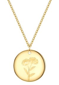 Zelta tonī krūzīte, kas iekļauj apļa piekari, ar izspiestu ziedu dizainu, piestiprināta pie saistīta ķēdes. Gluda virsma ar spīdīgu apdari.