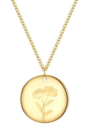 Halskette in Goldton mit einem runden Anhänger, der ein geprägtes Blumenmuster zeigt, an einer Gliederkette aufgehängt. Glatte Oberfläche mit glänzendem Finish.