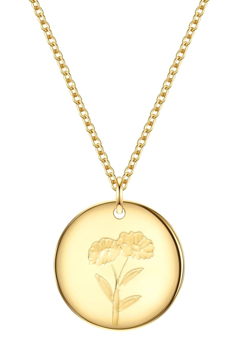 Zelta tonī krūzīte, kas iekļauj apļa piekari, ar izspiestu ziedu dizainu, piestiprināta pie saistīta ķēdes. Gluda virsma ar spīdīgu apdari.