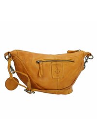 Borsa a tracolla in cuoio tan con forma curvata, tasca frontale con zip, logo ad ancorina in rilievo e etichetta rotonda rimovibile. Hardware in tono argento.