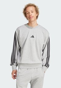Grå sweatshirt med lange ærmer, ribbede manchetter og talje. Sorte skrå striber på ærmerne. Har et lille sort logo på brystet.