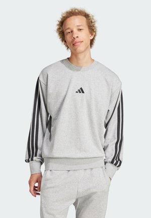 Grijze sweatshirt met lange mouwen, geribbelde manchetten en tailleband. Zwarte diagonale strepen op de mouwen. Bevat een klein zwart logo op de borst.