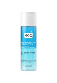 Clear plastic bottle with a white round cap. Contains blue water-like eye make-up remover, labeled for sensitive eyes, 125 ml.