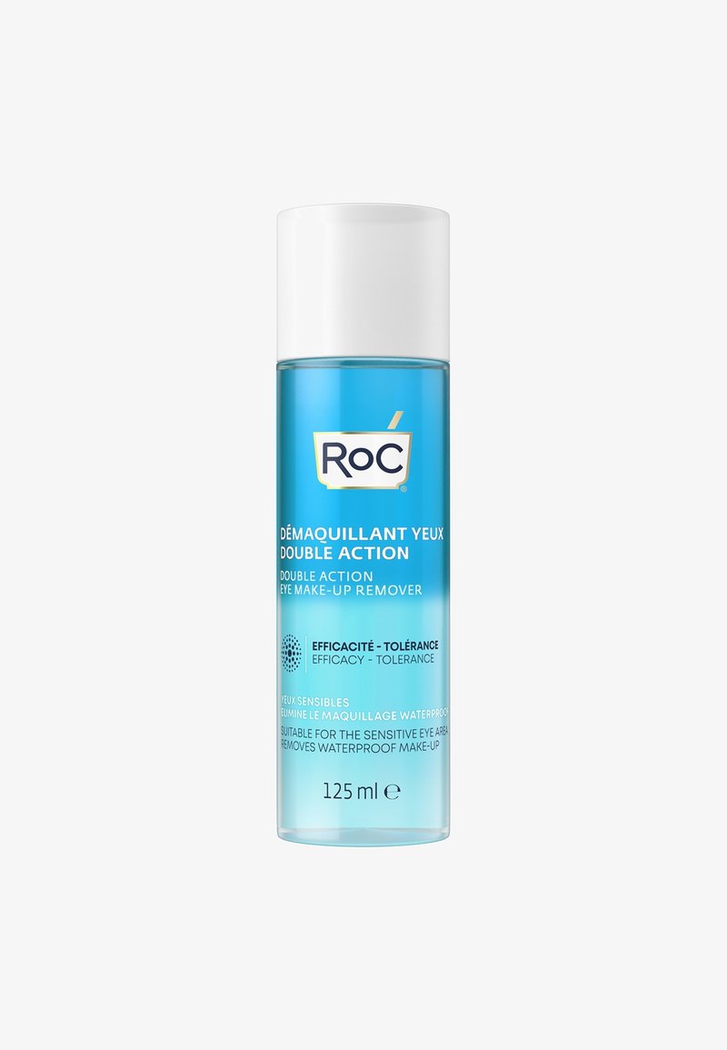 Doorzichtige plastic fles met een witte ronde dop. Bevat blauwe waterachtige oogmake-upremover, gemarkeerd voor gevoelige ogen, 125 ml.
