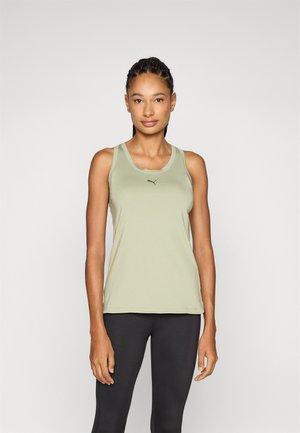 Olive green athletic tank top with a round neckline, sleeveless design, and black logo accent. Smooth, lightweight fabric.