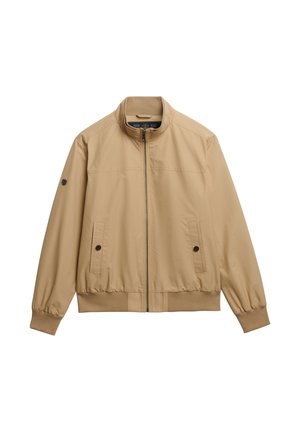 Beige lichtgewicht jas met een rechtopstaande kraag, rits aan de voorkant, twee zijzakken met knoopsluiting en ribgebreide zoom en manchetten.