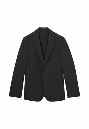 Sort herreblazer med to knapper, skrå kraver, forlommer samt en enkelt brystlomme, vist på hvid baggrund.