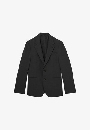 Sort herreblazer med to knapper, skrå kraver, forlommer samt en enkelt brystlomme, vist på hvid baggrund.