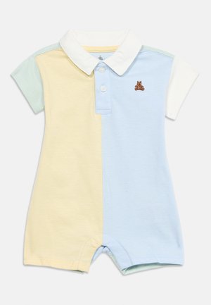 Short-sleeve baby romper with half pastel yellow and blue panels, white collar, two buttons, and small brown teddy bear embroidery on chest.