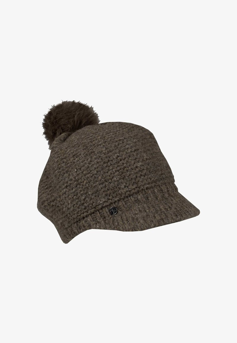 Brown knitted winter hat with textured pattern, short front brim, and a fluffy pom-pom on top.