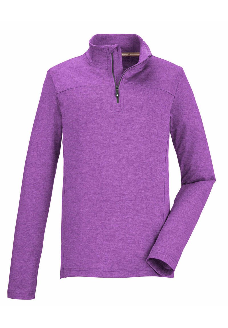 Lila Pullover mit langen Ärmeln und halb gezippter Kragen. Hergestellt aus einem strukturierten, weichen Material mit modernem Schnitt und kontrastierendem schwarzen Reißverschluss.