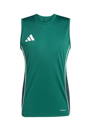 Zielona bezrękawnikowa koszulka sportowa z białym logo Adidas na piersi i białymi paskami po bokach, z oznaczeniem Aeroready w prawym dolnym rogu.