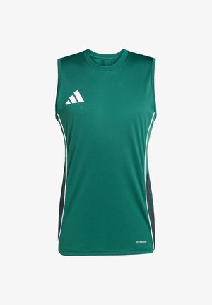 Zielona bezrękawnikowa koszulka sportowa z białym logo Adidas na piersi i białymi paskami po bokach, z oznaczeniem Aeroready w prawym dolnym rogu.