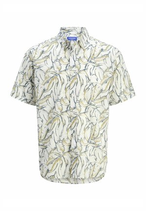 Camicetta a maniche corte con bottoni di colore crema chiaro, decorata con un motivo di foglie gialle e grigie; realizzata in tessuto leggero con una vestibilità comoda.