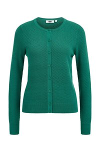 Grön stickad cardigan med ett texturerat mönster, rund halsringning och knappstängning. Ribbad ärm och fåll, med sex knappar framtill.