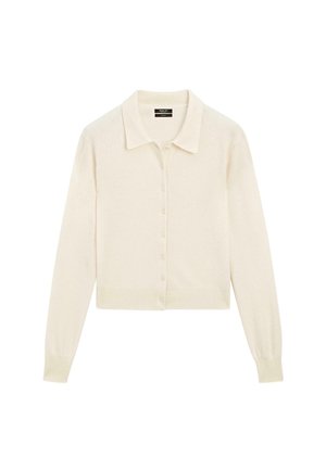 Crème-kleurige cardigan gemaakt van zachte stof, heeft een kraag, knopen vooraan en lange mouwen met strakke manchetten. Verkorte stijl.