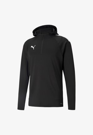 Schwarzer Puma-Kapuzenpullover mit langen Ärmeln, einem vorderen Viertelreißverschluss, weißem Puma-Logo auf der Brust und einem weißen Streifen auf der rechten Schulter.