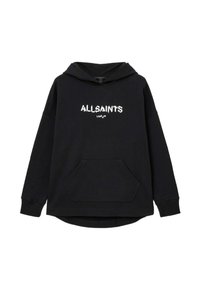 Felpa nera con cappuccio e tasca frontale a marsupio, presenta la scritta bianca "ALLSAINT'S LONDN" sul petto, realizzata in tessuto morbido con una vestibilità comoda.