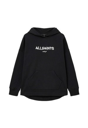 Czarna bluza z kapturem z przednią kieszenią kangurką, z białym napisem "ALLSAINT'S LONDN" na klatce piersiowej, wykonana z miękkiego materiału o luźnym kroju.