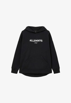 Schwarze Kapuzenjacke mit einer vorderen Kängurutasche, verfügt über den weißen Text "ALLSAINT'S LONDN" auf der Brust, aus weichem Stoff und mit lockerer Passform.