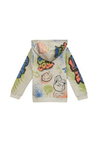 Crème kleurige hoodie met kleurrijke graffiti-stijl graphics in groen, blauw en oranje. Bevat een cartoonfiguur en verschillende patronen.