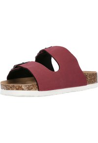 Bordeaux slide sandal med dobbel overdel, korksål og hvid gummisål. Fritstående design med rundede kanter.