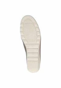 Bruine schoen met een gestructureerde, rubberen witte zool; de zool heeft verticale en horizontale groeven voor grip. Maat 37 gemarkeerd op de zool.