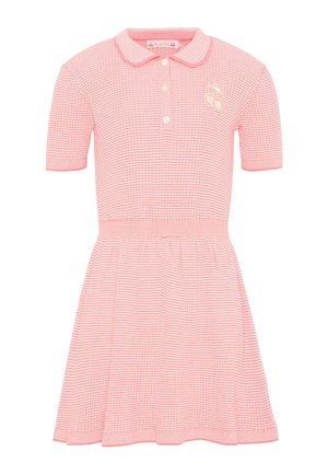 Abito polo a maniche corte a righe rosa e bianco con colletto, tre bottoni, vita aderente e patch a forma di ciliegia sul petto.