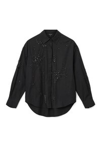 Camicia nera a maniche lunghe con bottoni e colletto, decorata con piccole perline nere e paillettes sparse sul davanti, sulle maniche e sulle spalle.