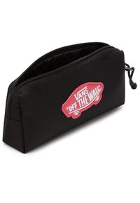 Black pencil case with a textured fabric, featuring a red rubber Vans logo in the shape of a car, and a zippered closure at the top.