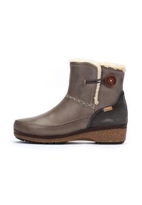 Bottines en cuir marron avec doublure en fausse fourrure crème, couture décorative et semelle en caoutchouc texturé. Présente un accent en forme de bouton rond.