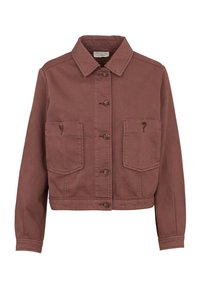 Giacca corta marrone in cotone, con colletto a punta, chiusura con bottoni e due tasche frontali con patta.