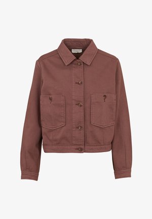 Giacca corta marrone in cotone, con colletto a punta, chiusura con bottoni e due tasche frontali con patta.