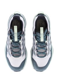 Two athletic shoes featuring a light pink mesh upper with dark blue suede accents, textured laces, and a rubber sole in a mint green hue.