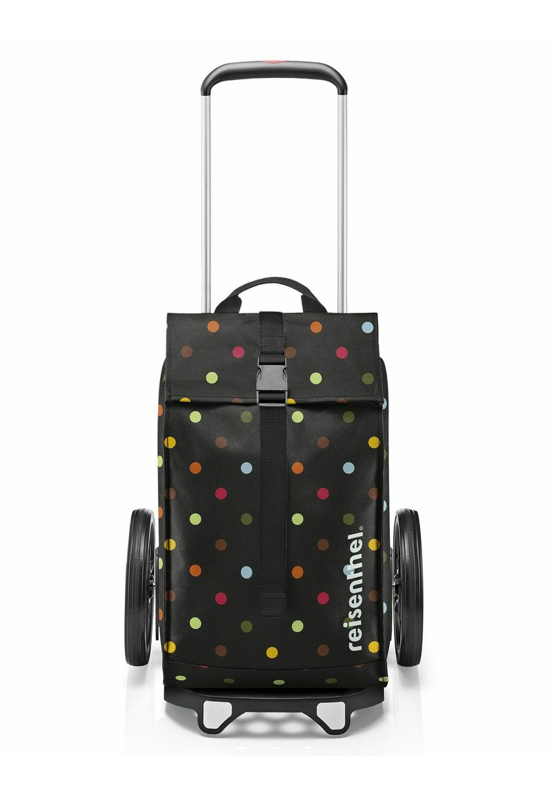 Sac de courses à roulettes noir avec des pois colorés, doté d'une poignée rétractable et de deux roues noires. Matériau durable avec fermeture à sangle.