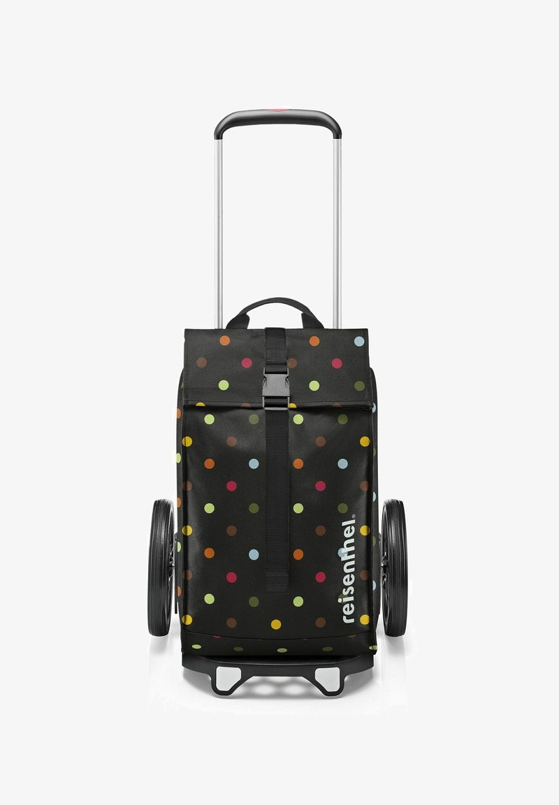 Sac de courses à roulettes noir avec des pois colorés, doté d'une poignée rétractable et de deux roues noires. Matériau durable avec fermeture à sangle.